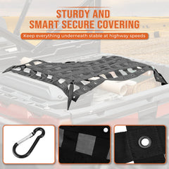 Kemimoto UTV cargo net stretched for varying item heights in the bed.