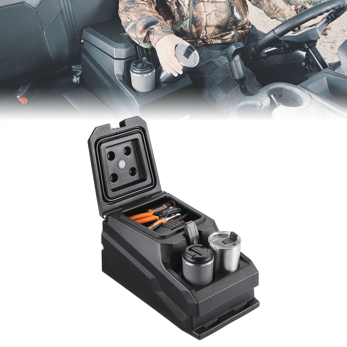 KEMIMOTO UTV center console armrest storage boosts on-the-go comfort and organization.