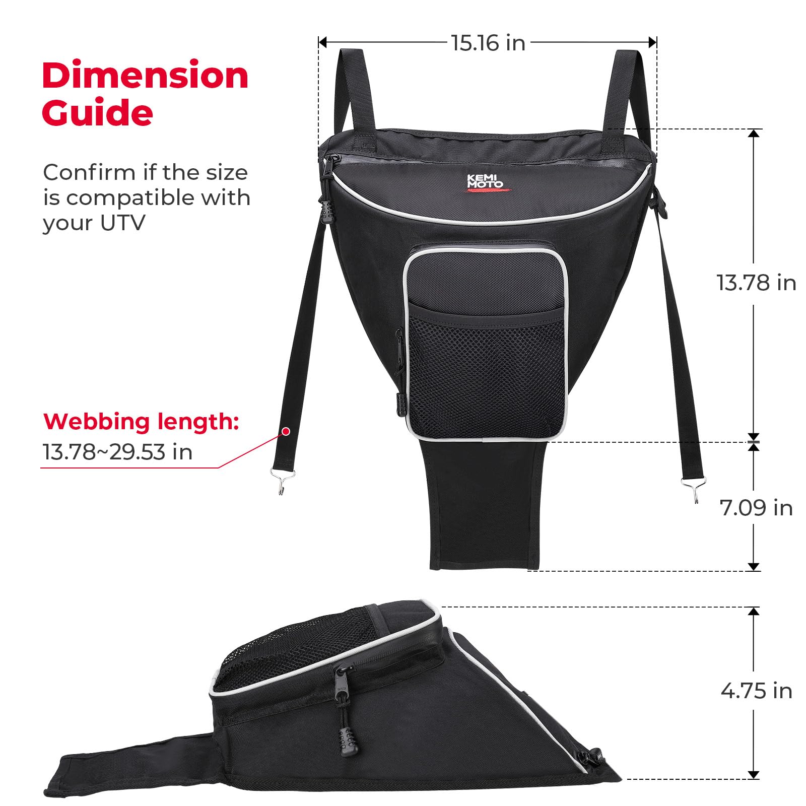 KEMIMOTO UTV Center Storage Bag mesh pocket keeps phone within reach.