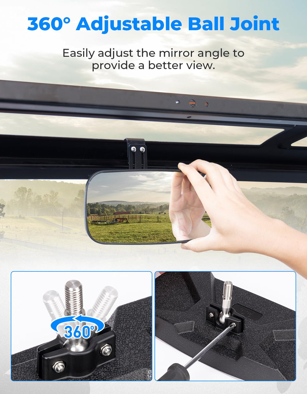 KEMIMOTO convex rear-view glass broadens awareness behind your Polaris Ranger