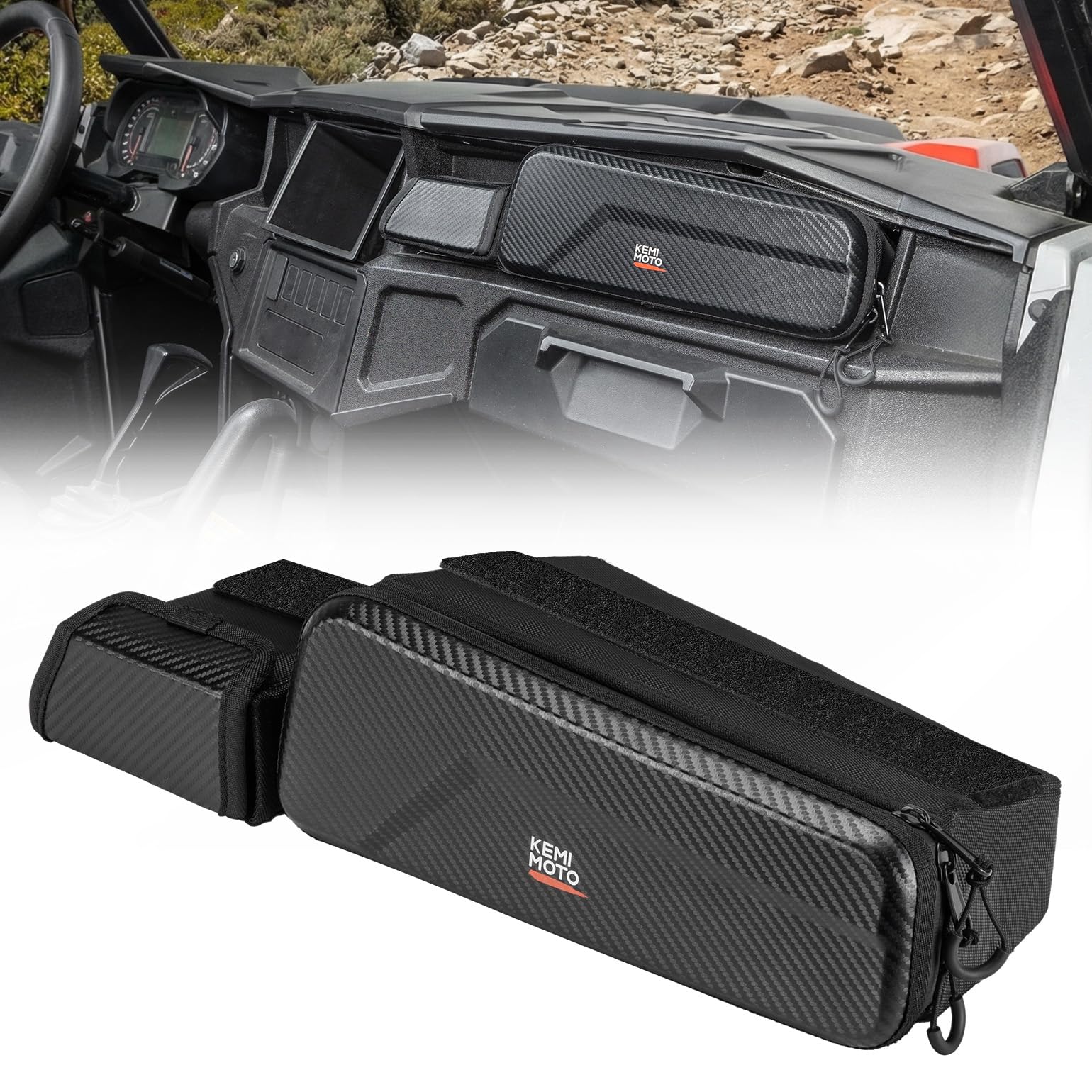 KEMIMOTO UTV dashboard bag front view with quick-access storage for essentials.