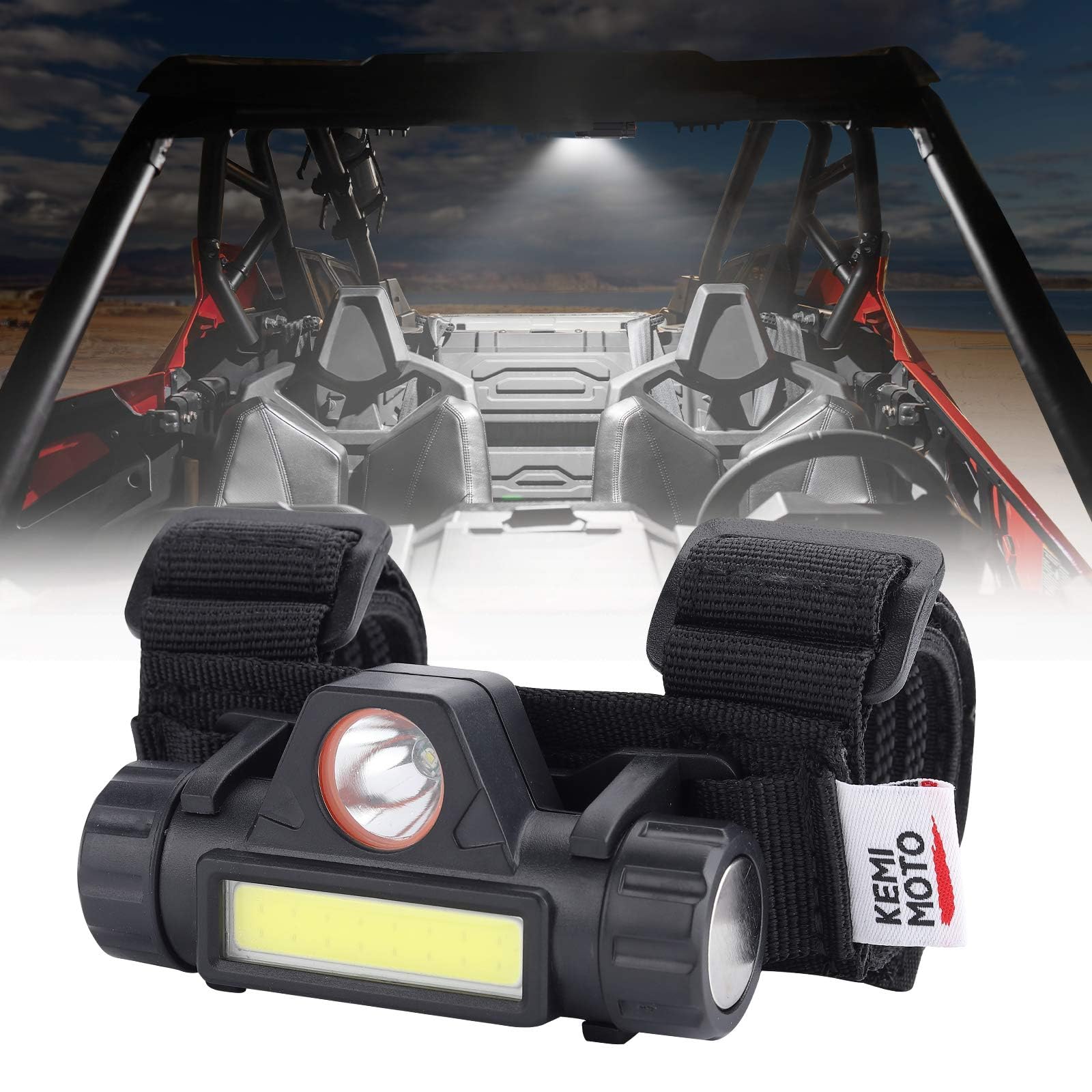 KEMIMOTO UTV dome light mounted on roll bar for clear interior illumination.