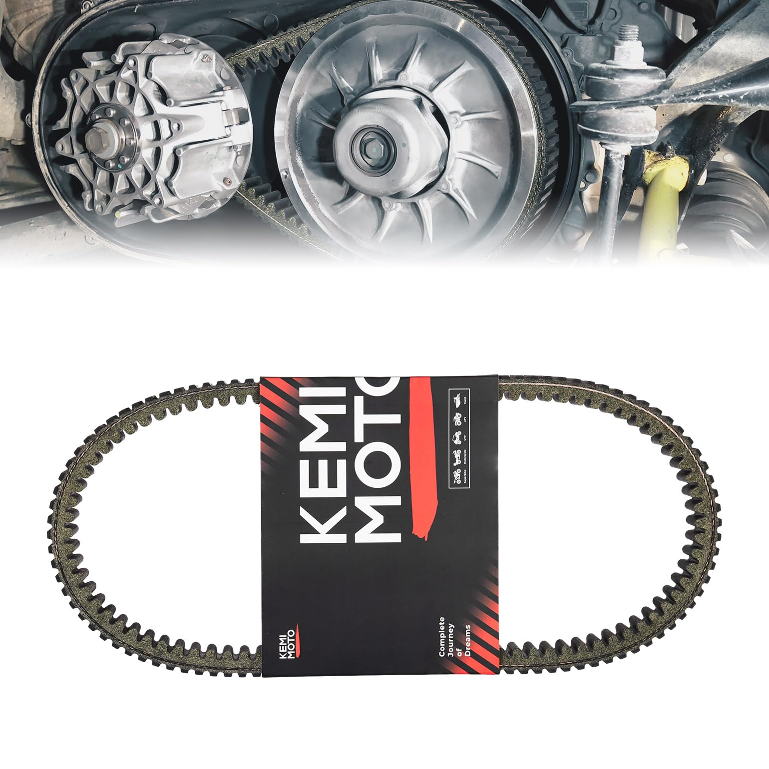 KEMIMOTO UTV drive belt close-up shows reinforced construction for durability.