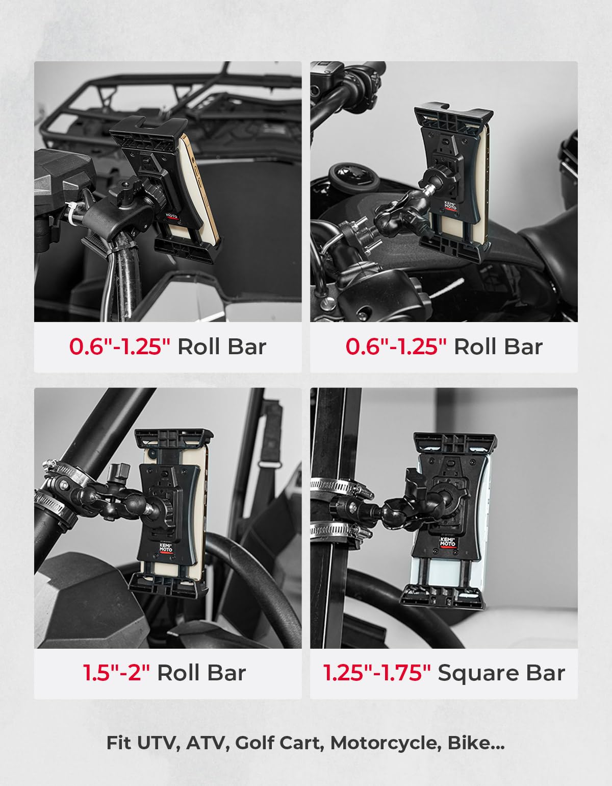 KEMIMOTO UTV Phone Mount uses anti-slip sponge clamps to resist vibration