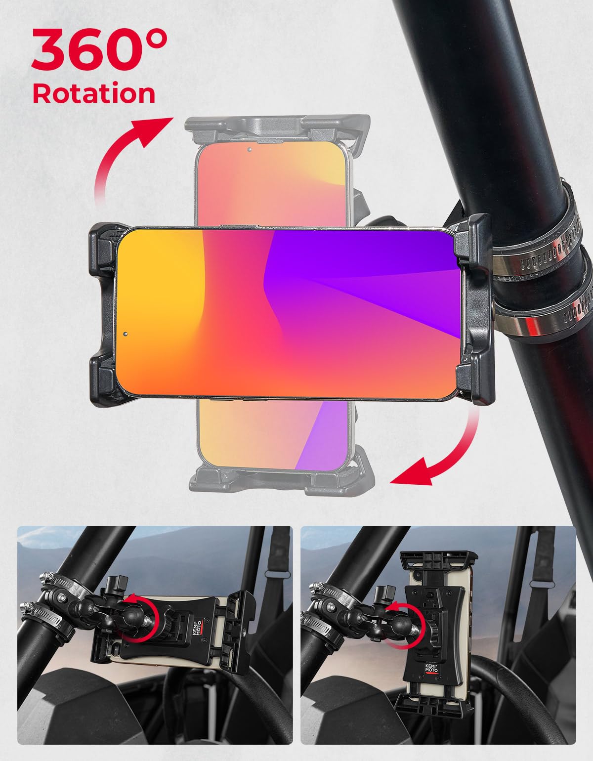 KEMIMOTO UTV Phone Mount keeps side buttons accessible during rides