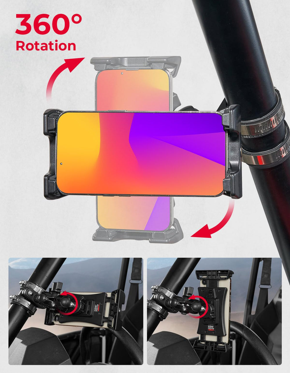 KEMIMOTO UTV Phone Mount keeps side buttons accessible during rides