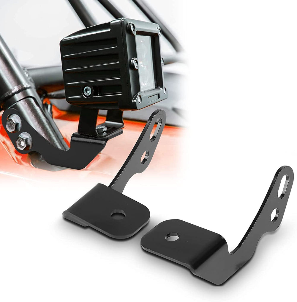 KEMIMOTO UTV pod light brackets mounted on a-pillar for Polaris RZR, quick bolt-on setup.