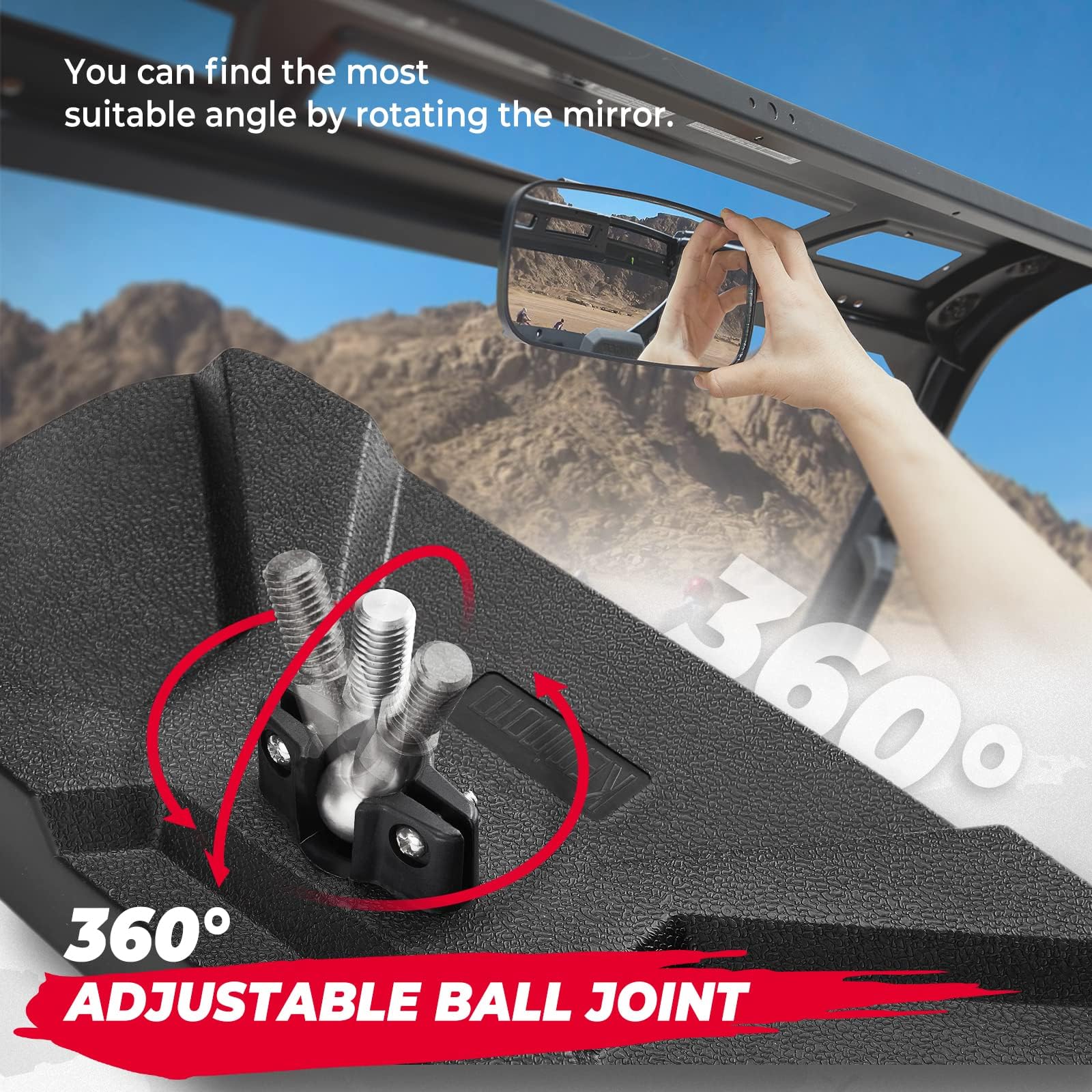 KEMIMOTO UTV rear view mirror adjustable angle for wide rear visibility.