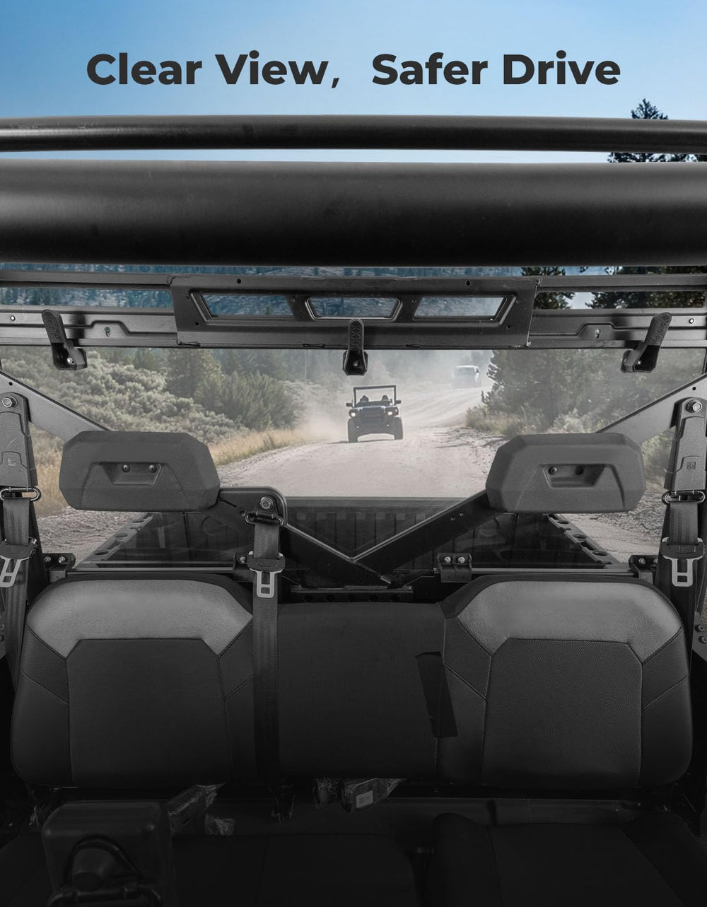 KEMIMOTO UTV rear window close-up shows preinstalled rubber strips.