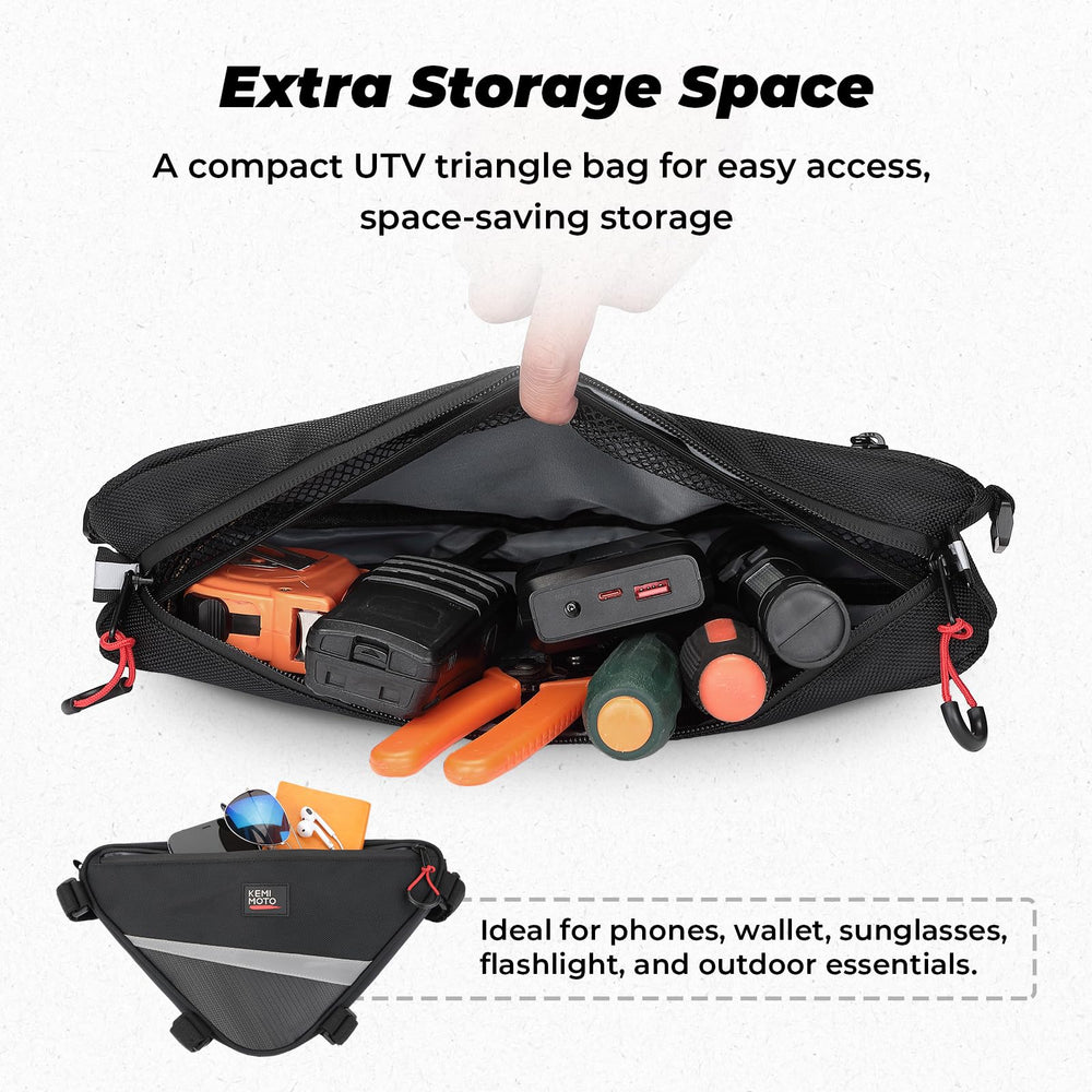 KEMIMOTO UTV triangle storage bag attached to door mount keeps small items within reach
