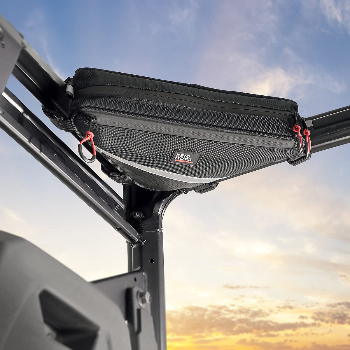 KEMIMOTO UTV roll bar triangle storage bag mounted on roof rail for quick access