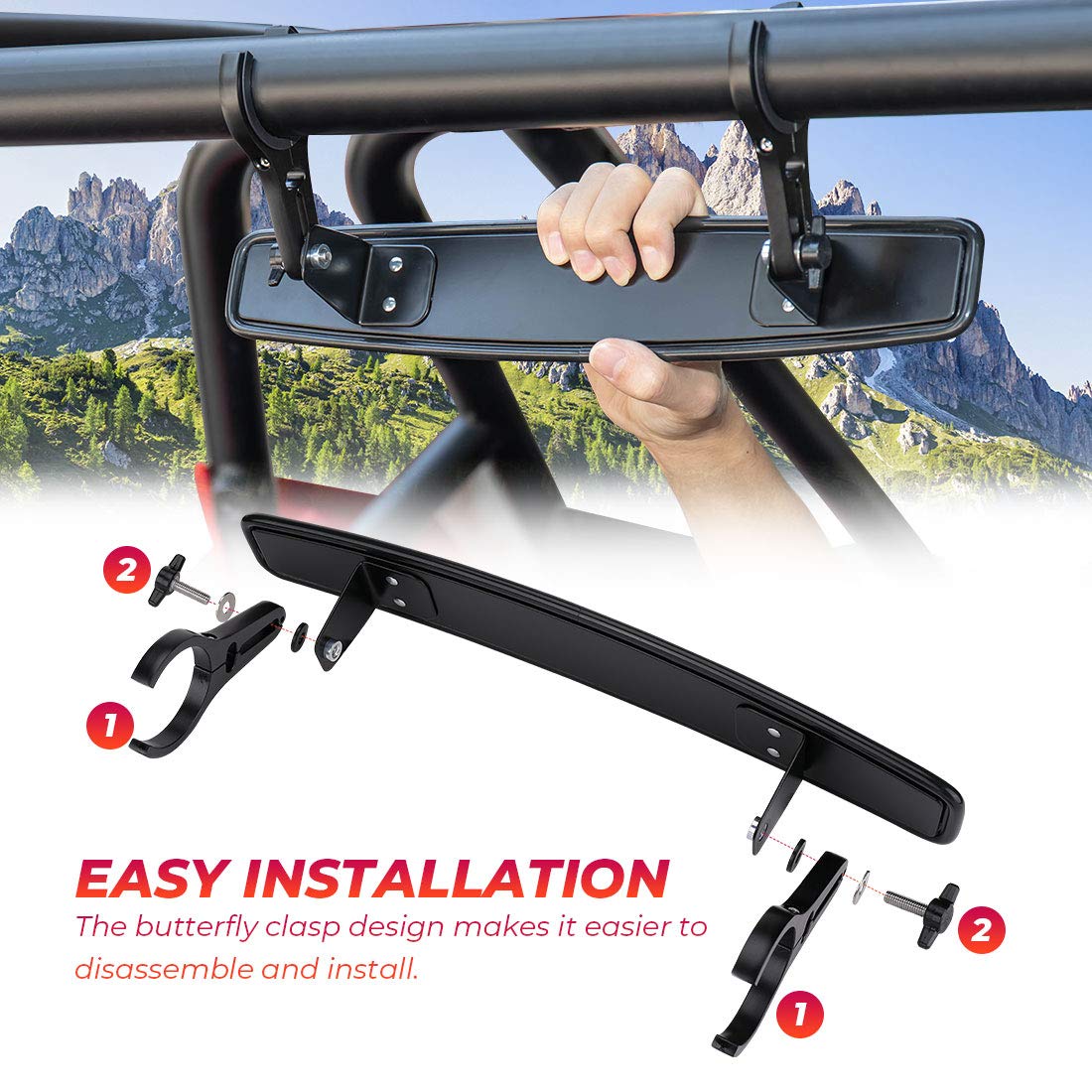 KEMIMOTO UTV roll cage compatibility diagram shows 1.75–2 inch tubes