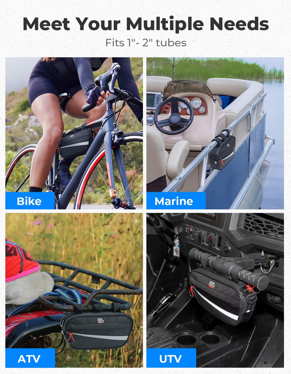 KEMIMOTO UTV roll cage bag with D-rings for attaching tools or bottles.