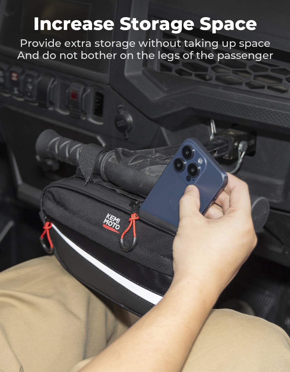 KEMIMOTO UTV roll cage bag side strap demonstrates removable mounting for flexible setup.