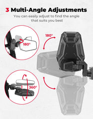 KEMIMOTO UTV mirror shows 3-axis rotation for precise angle adjustment.