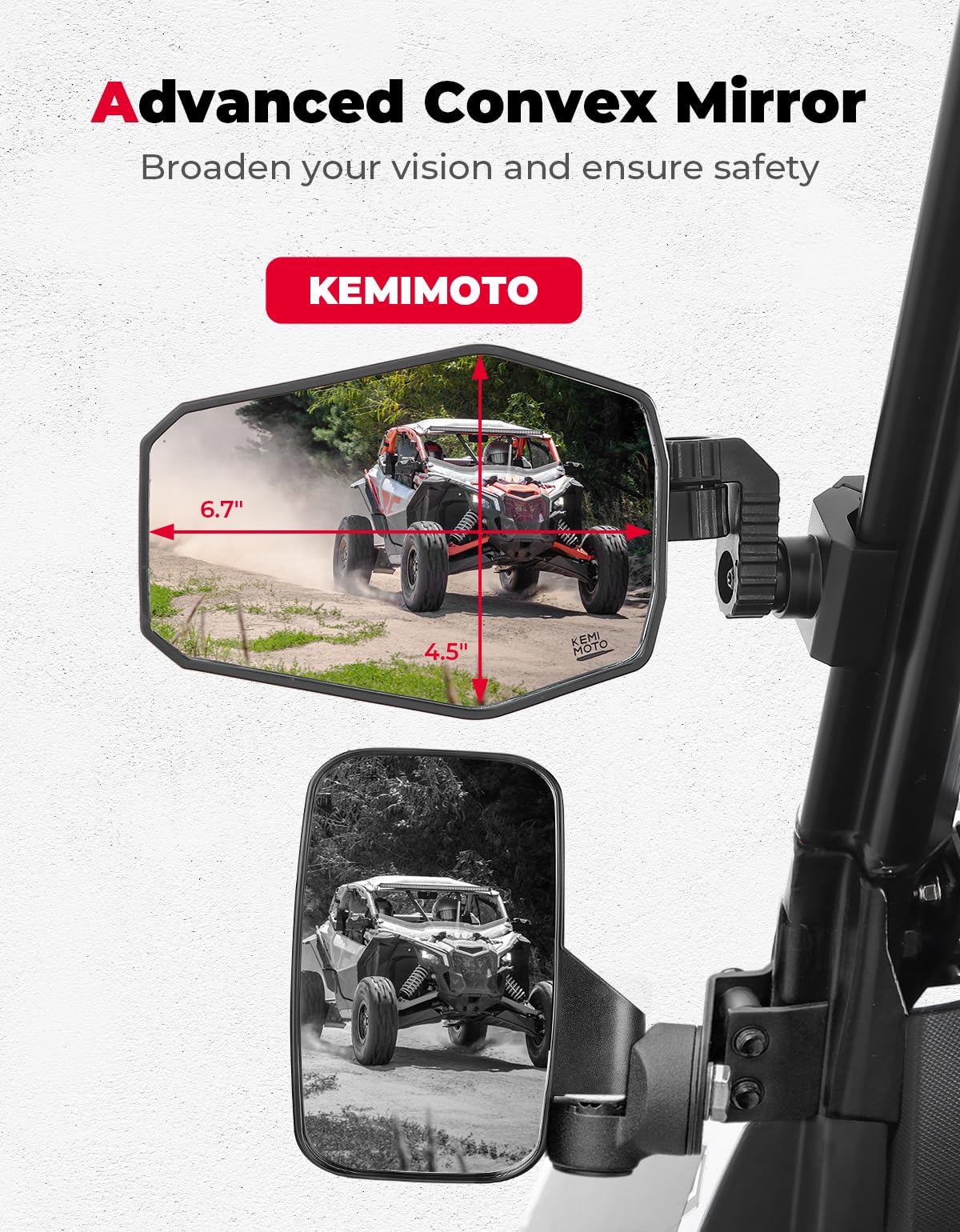 KEMIMOTO UTV mirror features splash-proof lenses for muddy rides.