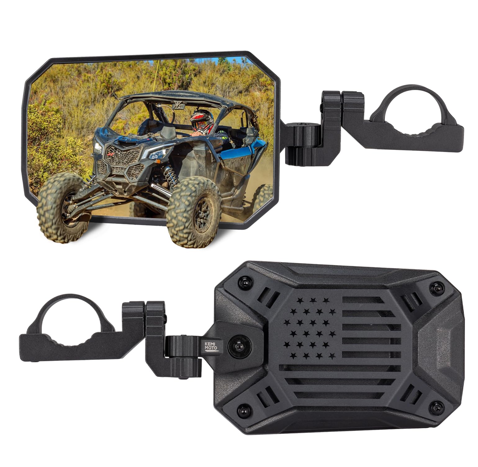KEMIMOTO UTV mirrors with 2025 pattern, sturdy aluminum housing for rugged trails.