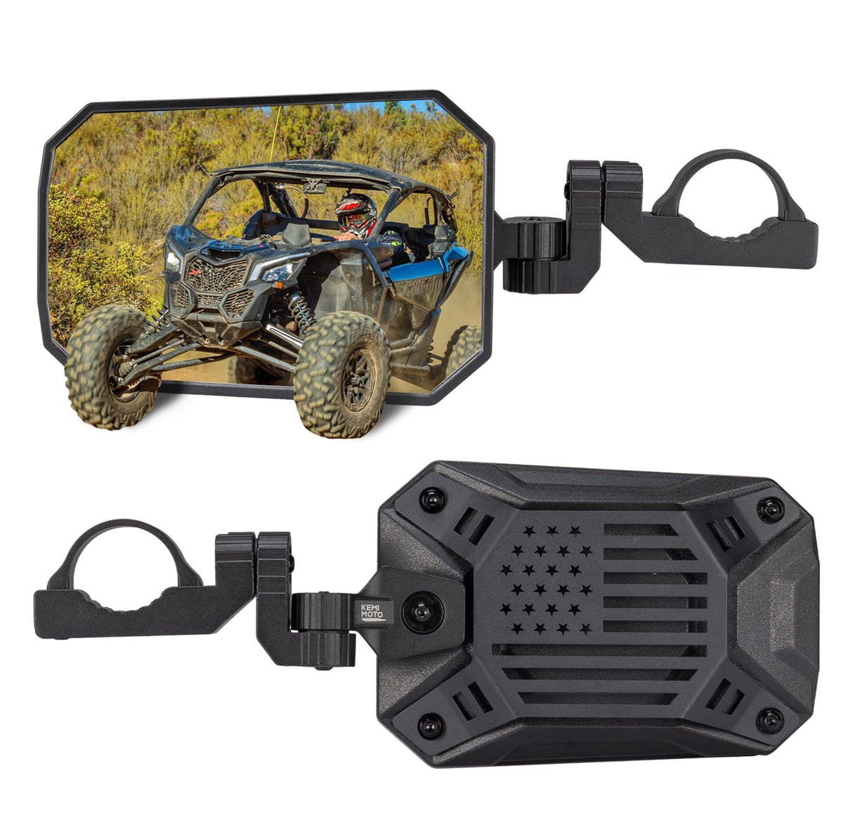 KEMIMOTO UTV mirrors with 2025 pattern, sturdy aluminum housing for rugged trails.