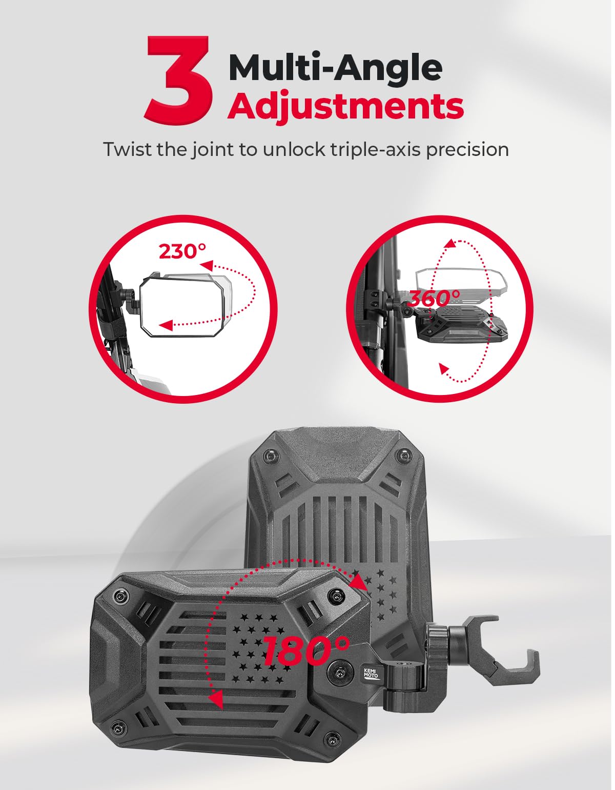 KEMIMOTO 3-point adjustable mirrors let you set the ideal angle