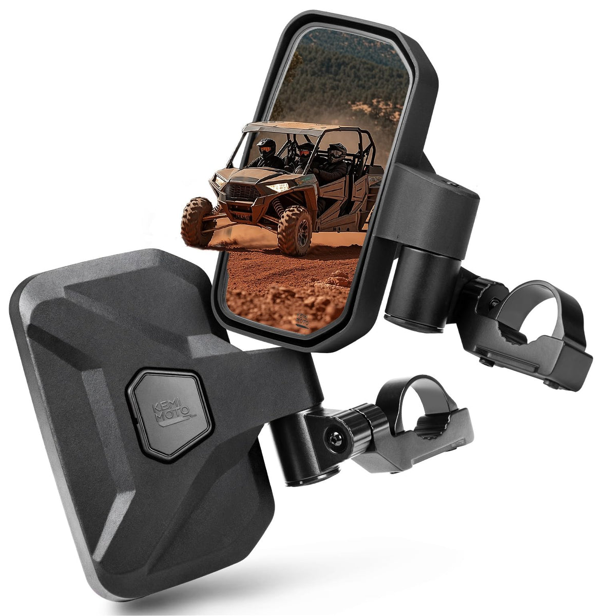 KEMIMOTO UTV side mirrors with auto-fold and reset for obstacle clearance.
