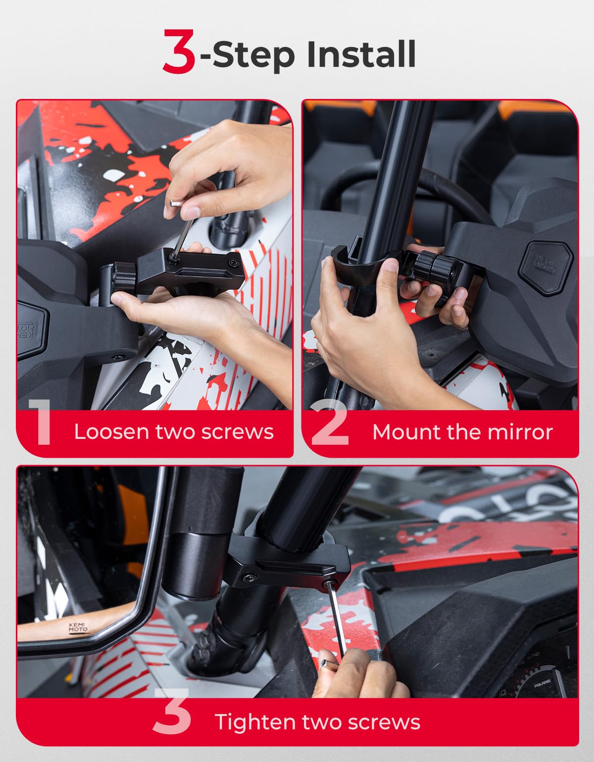 KEMIMOTO mirrors install in minutes with simple screw mounting.