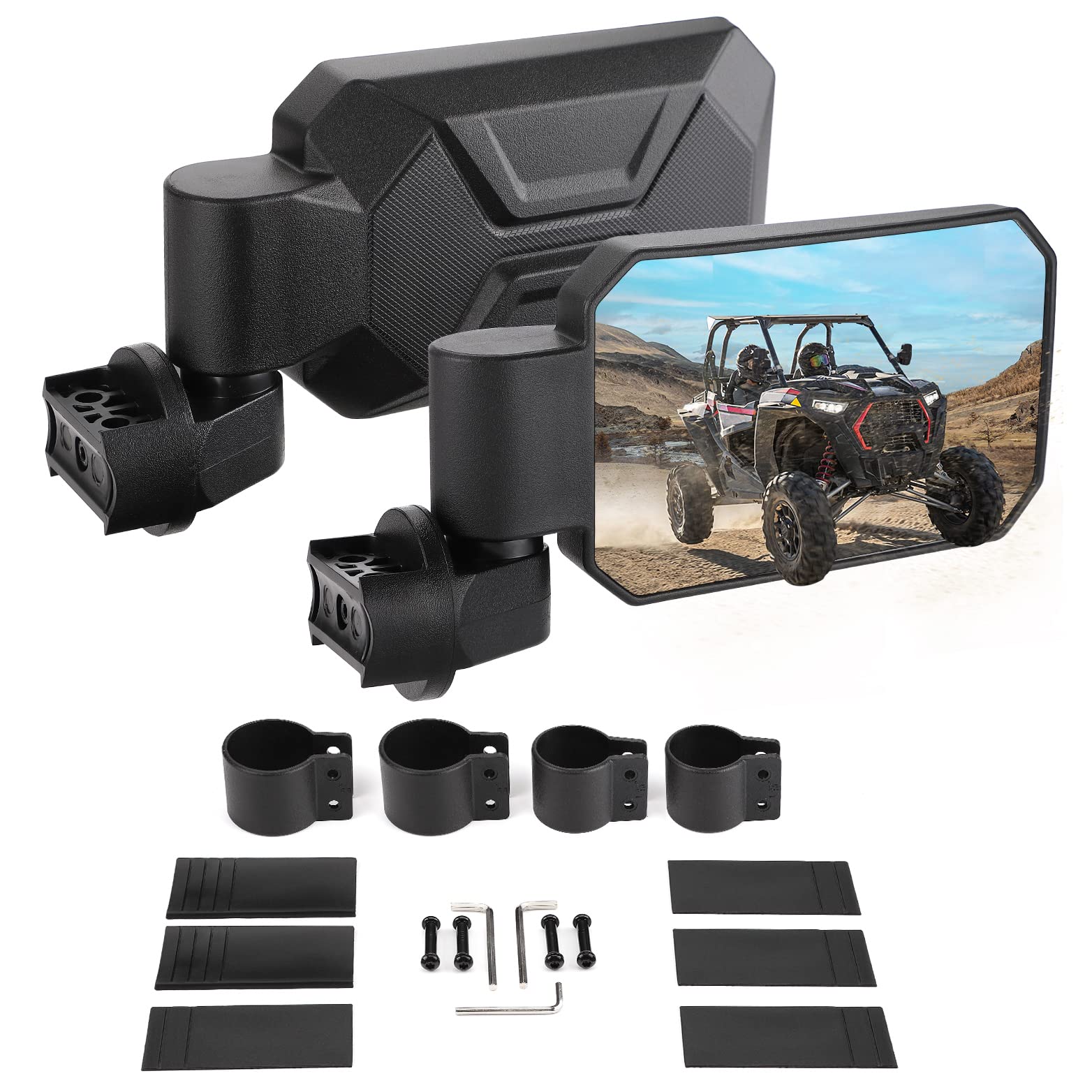 Kemimoto UTV mirrors on roll bar for clear rear visibility on rough trails