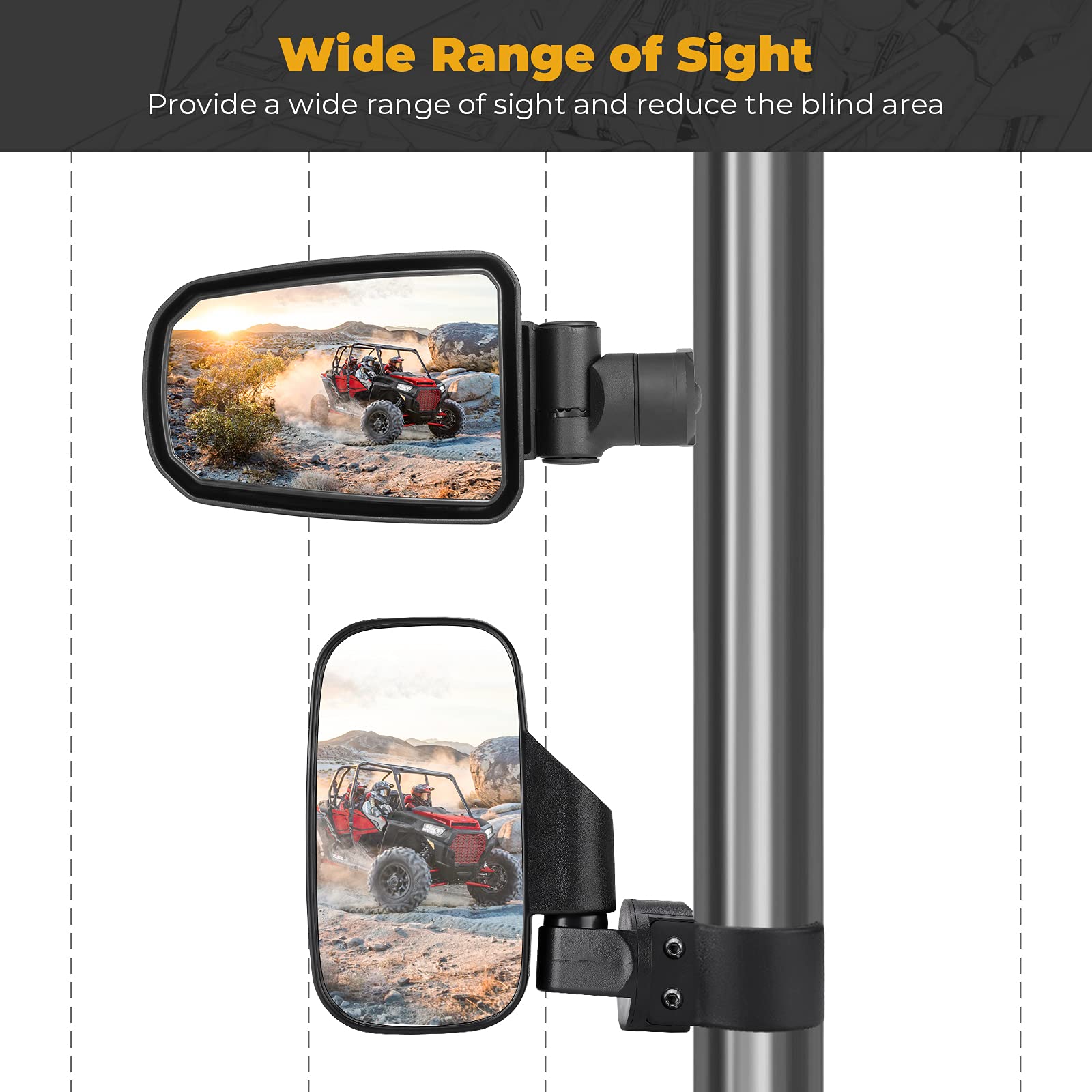 KEMIMOTO UTV side mirrors shatter-resistant glass enhances trail safety.