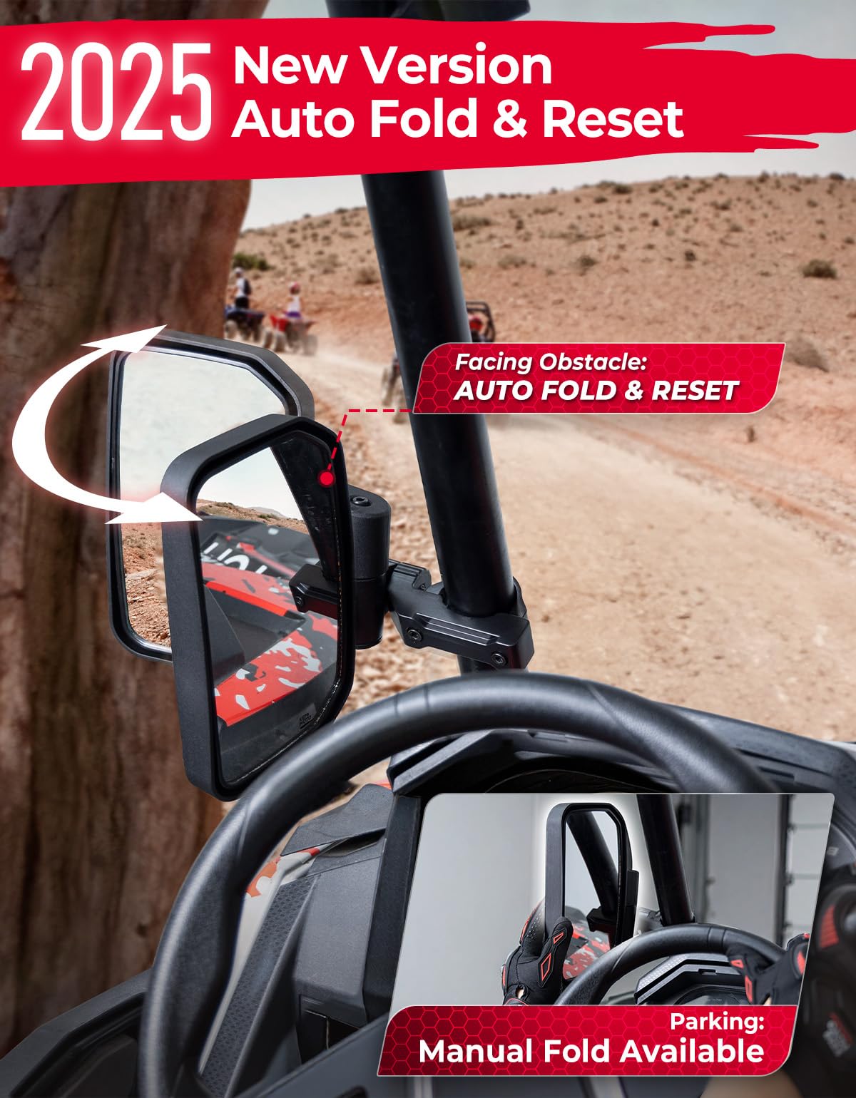 KEMIMOTO UTV side mirrors offer wide convex glass for safer rear viewing.