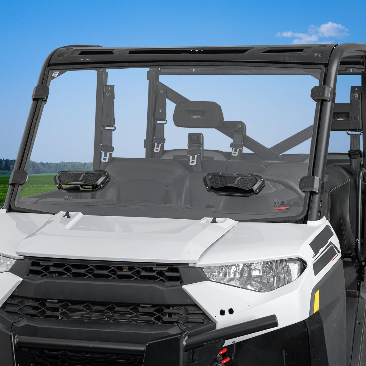 KEMIMOTO vented windshield front for Polaris Ranger blocks debris while improving airflow.
