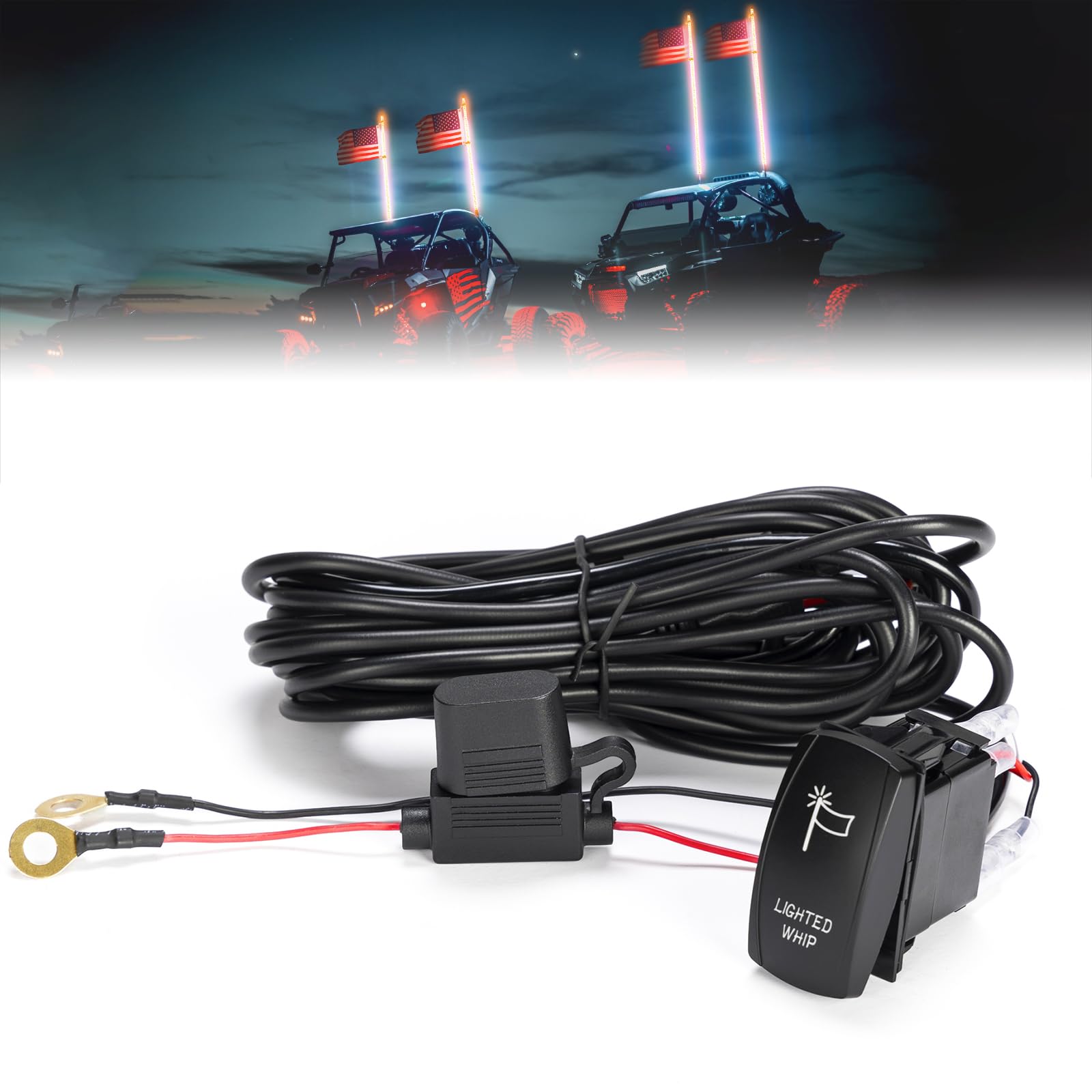 KEMIMOTO whip lights wiring harness enables reliable power management for 12V vehicles.