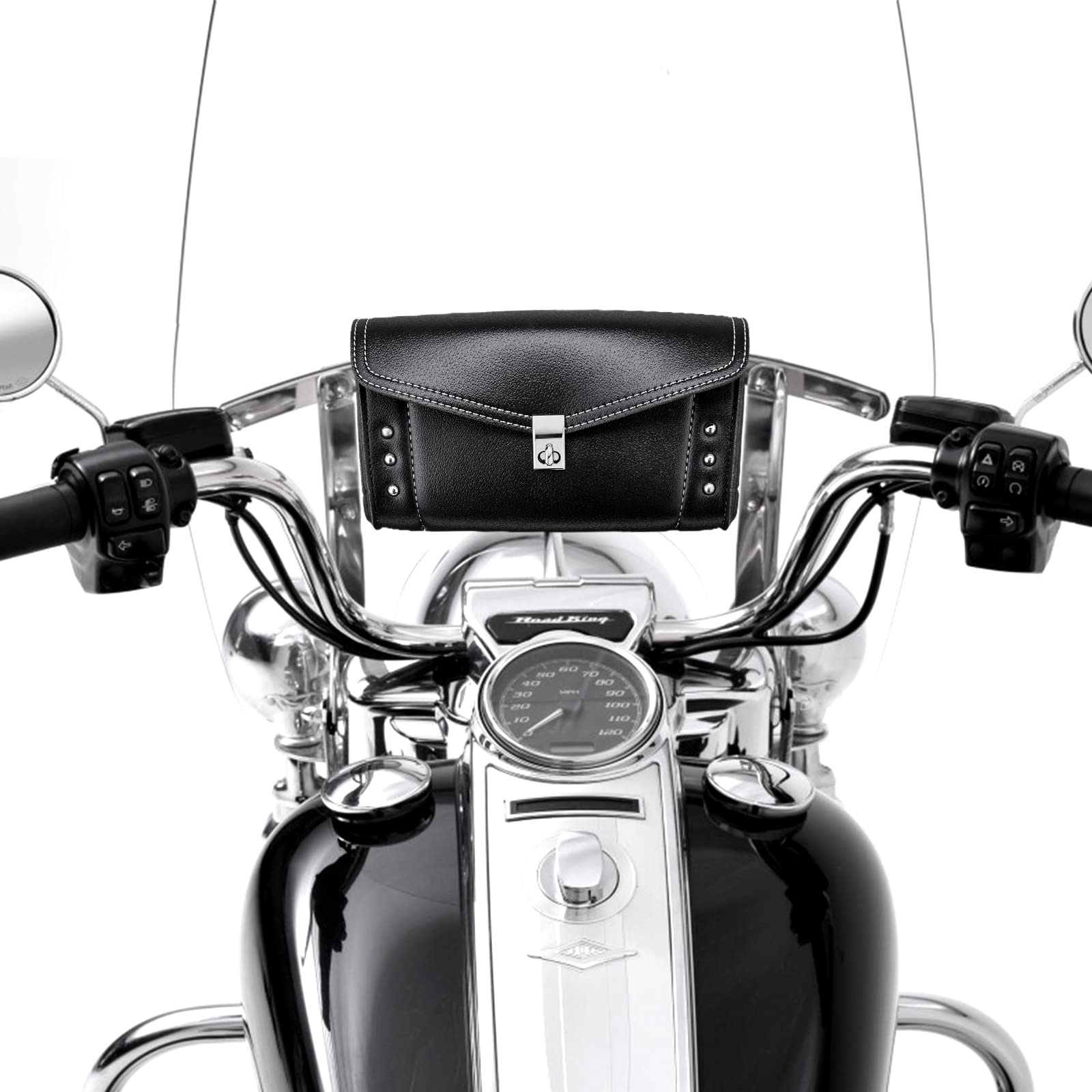 KEMIMOTO windshield bag on a 10-inch windscreen provides organized touring storage.