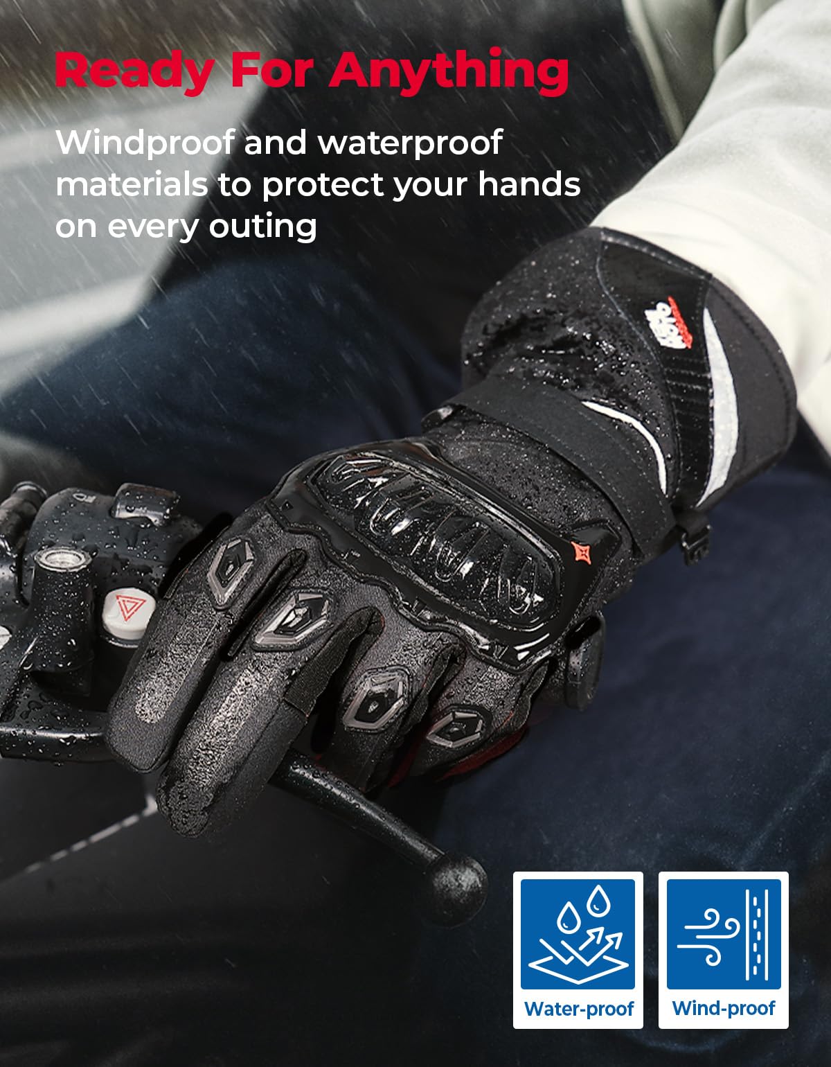 Kemimoto winter gloves PVC shield on back adds rugged protection.