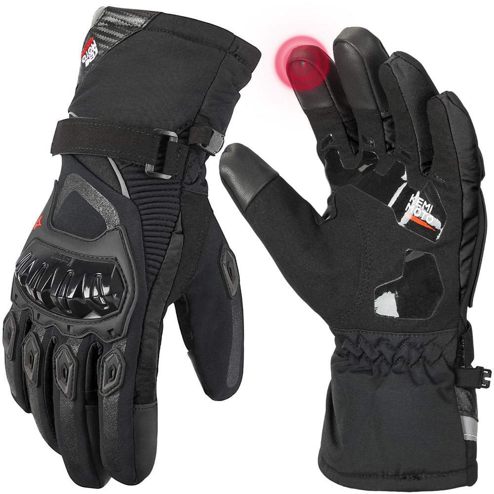 Kemimoto winter motorcycle gloves overview highlighting warmth and rainproof construction.