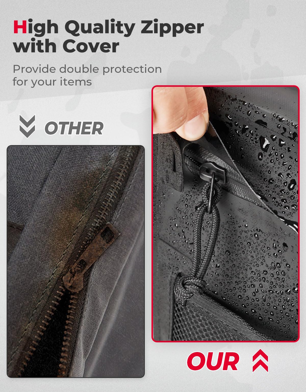 KEMIMOTO X3 waterproof zipper with brim resisting mud and rain intrusion