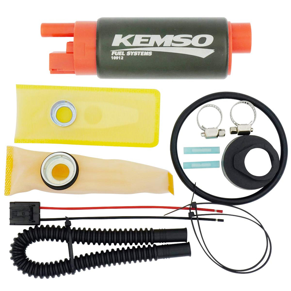 KEMSO 340LPH fuel pump close-up shows high-flow design for performance upgrades