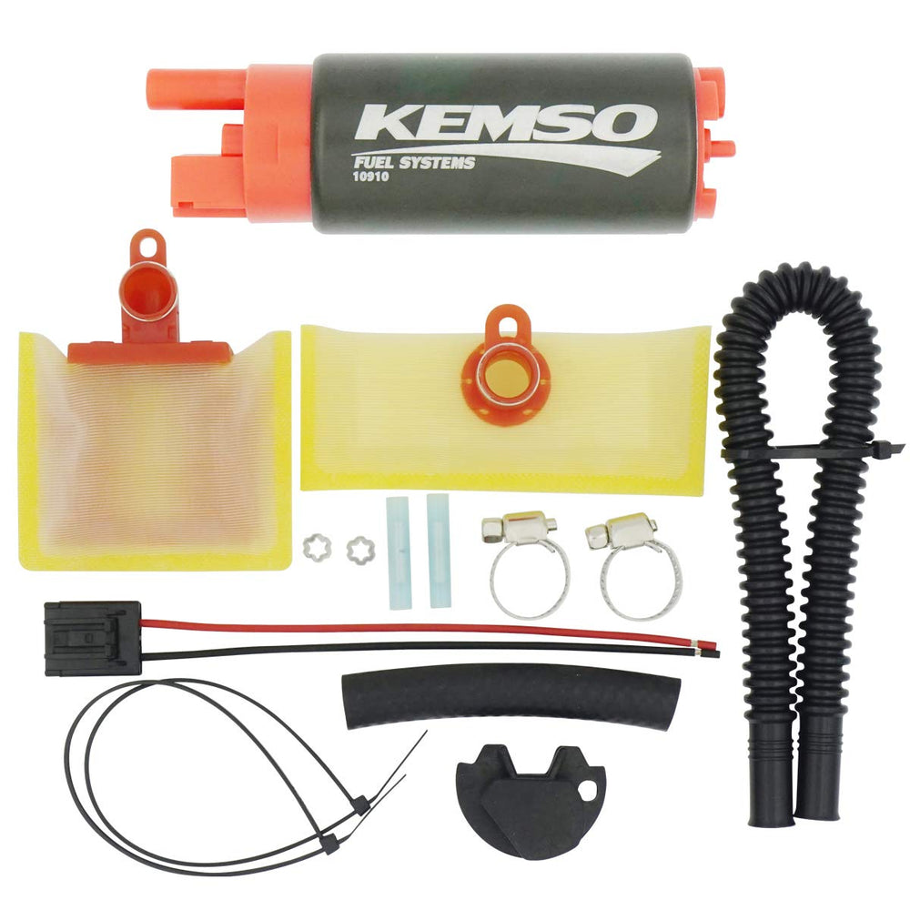 KEMSO 340LPH fuel pump front view, high-flow design for performance engines