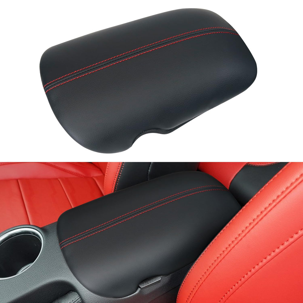 Kentuto Mustang console cover front view protects the lid with premium leather.