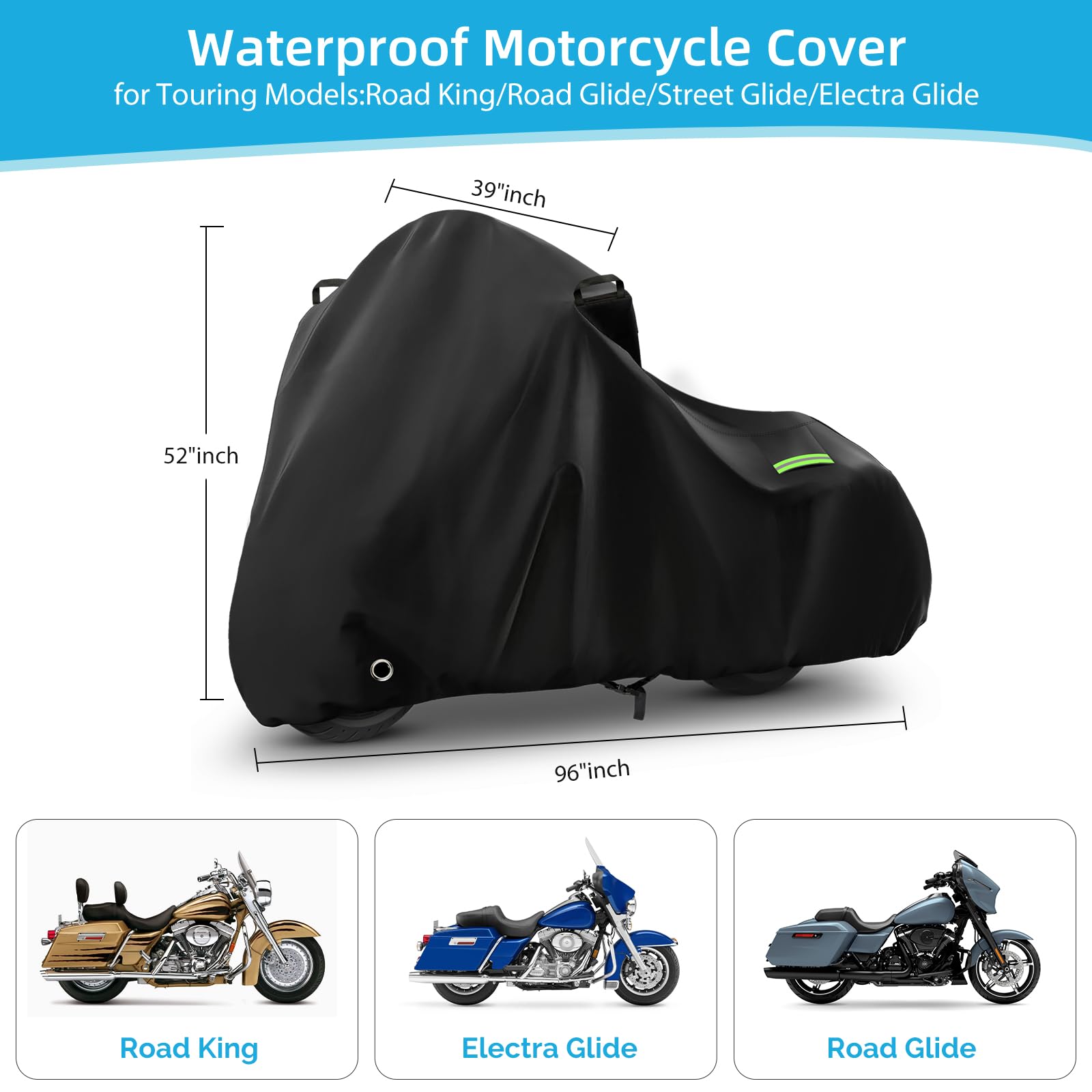 KERANTY motorcycle cover for Harley Road Glide shields bike with reflective strips at night.