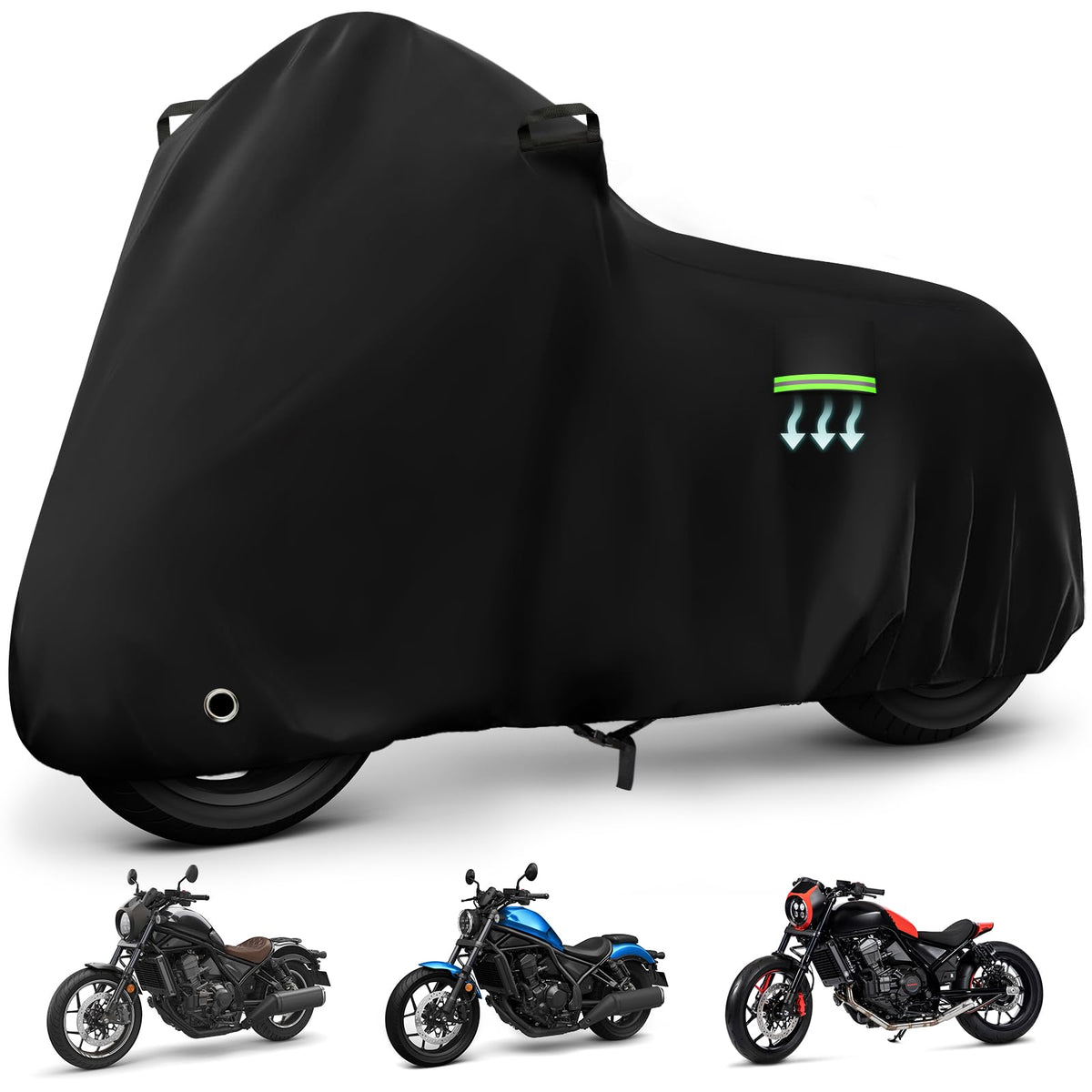 KERANTY Rebel motorcycle cover front view protects Honda Rebel 300-1100 in rain and sun