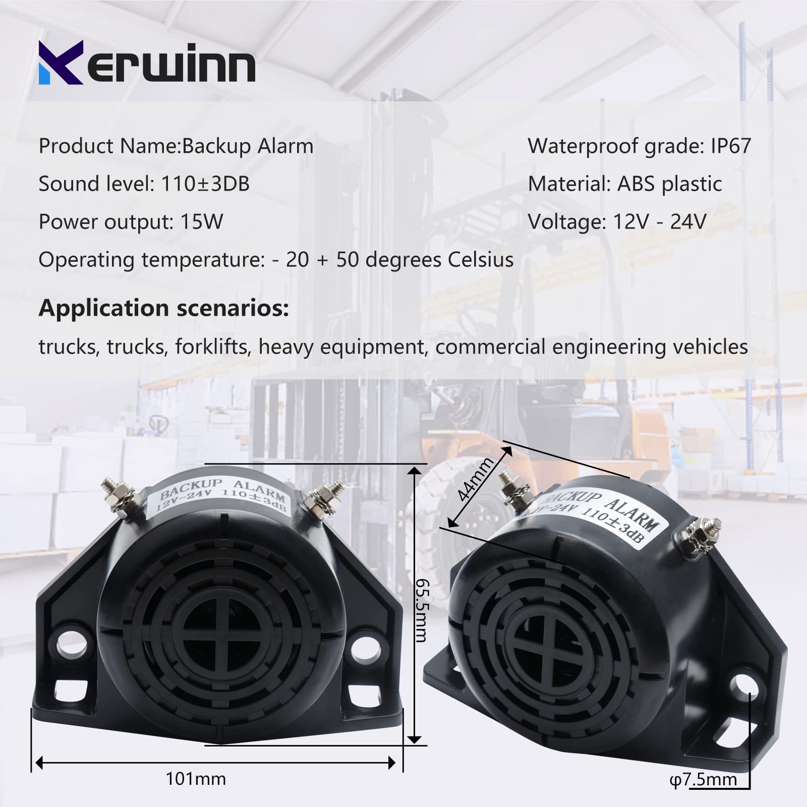 KERWINN backup alarm waterproof shell protects electronics in tough weather conditions.