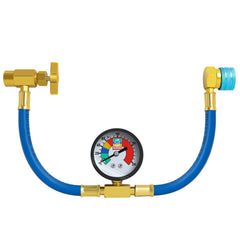Ketofa R1234YF charge hose with bottle-opener for controlled refrigerant transfer