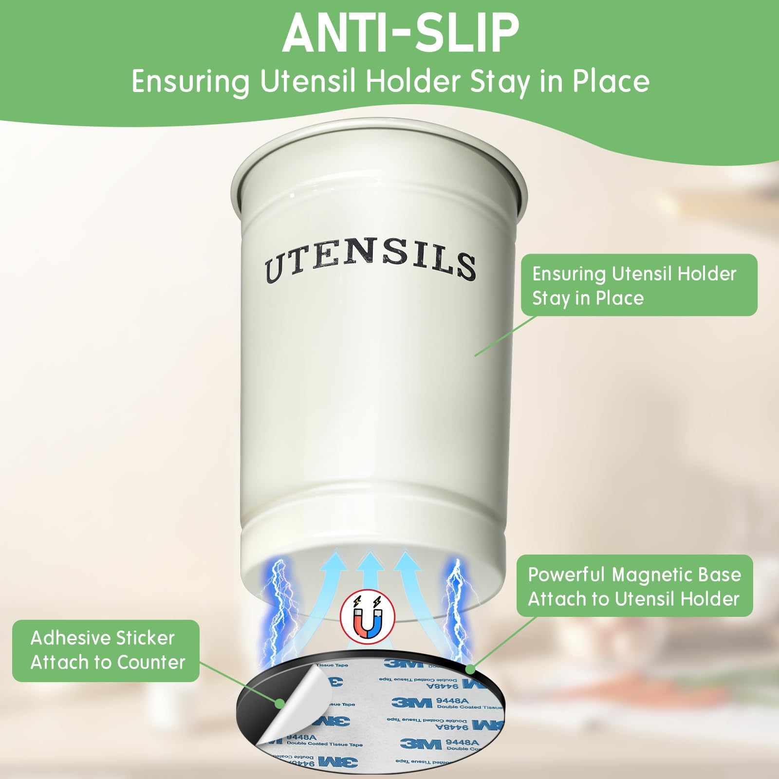Kevenal magnetic RV utensil holder adhesive-base on counter for easy installation.