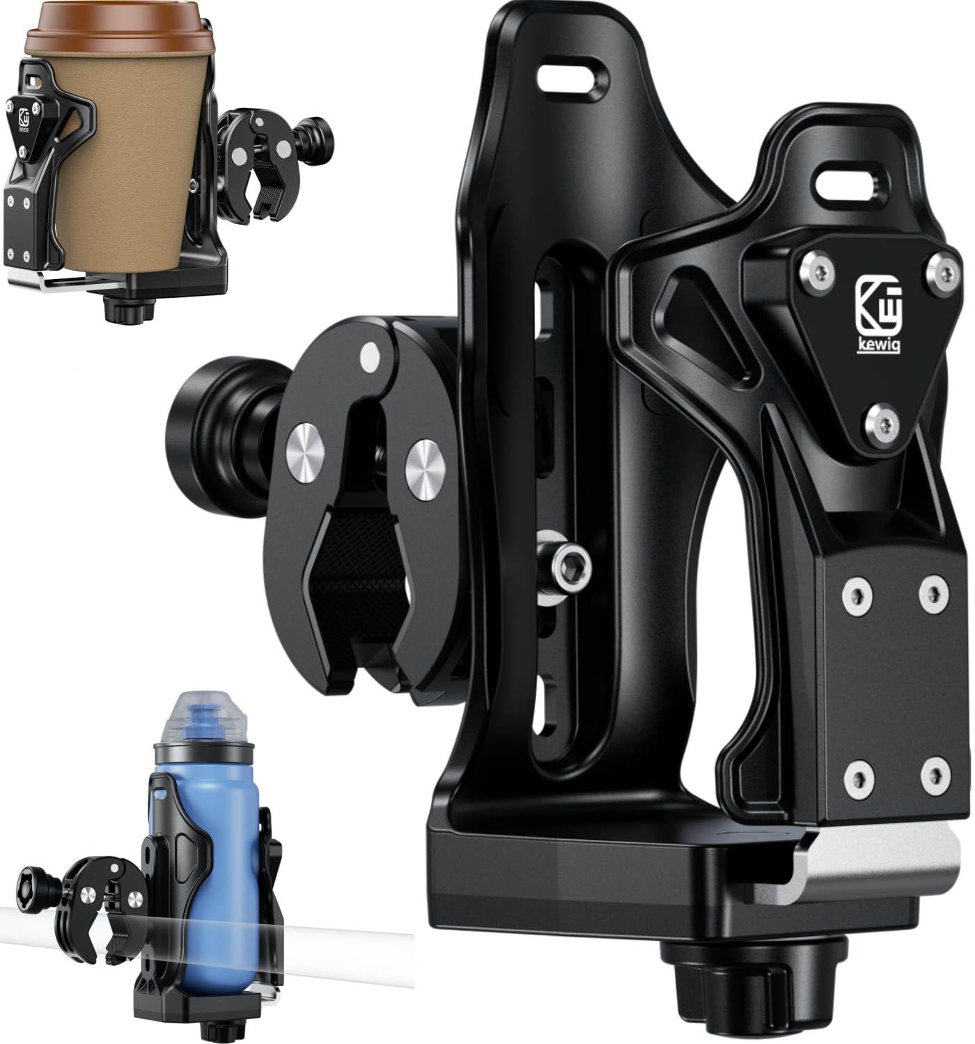 Kewig anti theft cup holder with adjustable width secures various bottle sizes