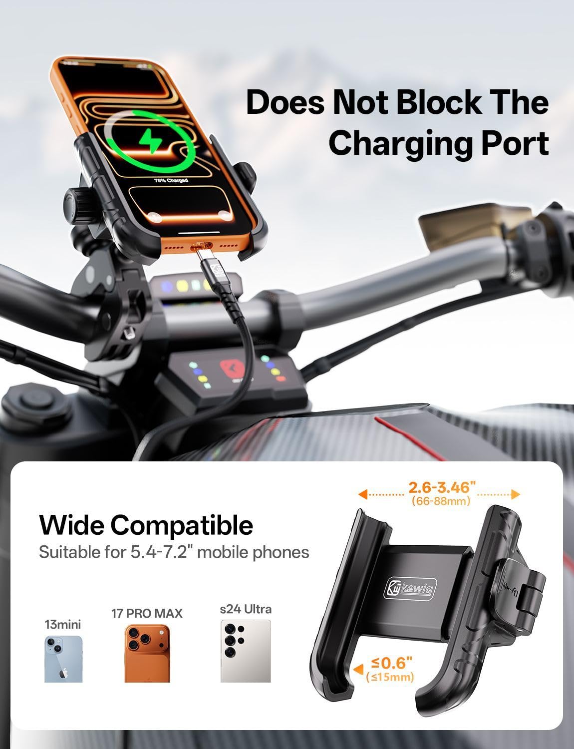 Kewig bike phone holder wide device compatibility across bikes and phones.