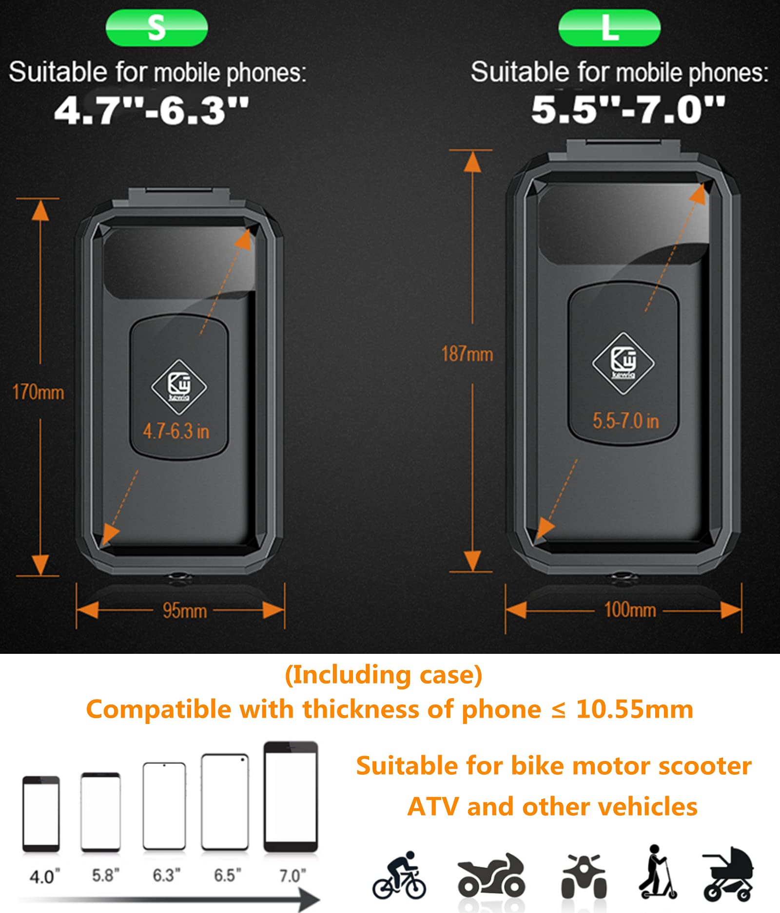Kewig bike phone mount fits handlebars 22–33mm for 5.5–7.0 inch phones