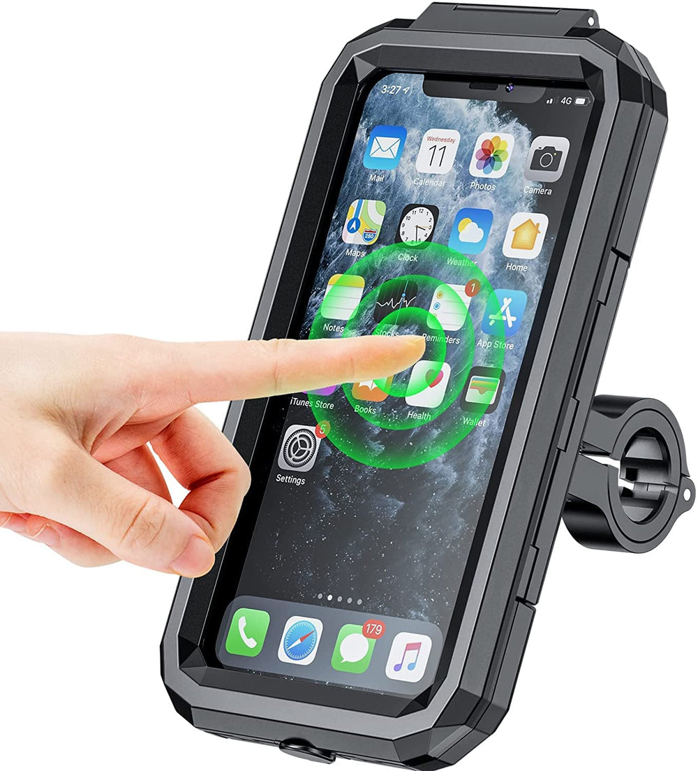 Kewig bike phone mount on handlebar showing IP66 waterproof protection for rainy rides