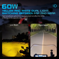 Kewig driving spotlights emitting white and amber beams for enhanced trail visibility.