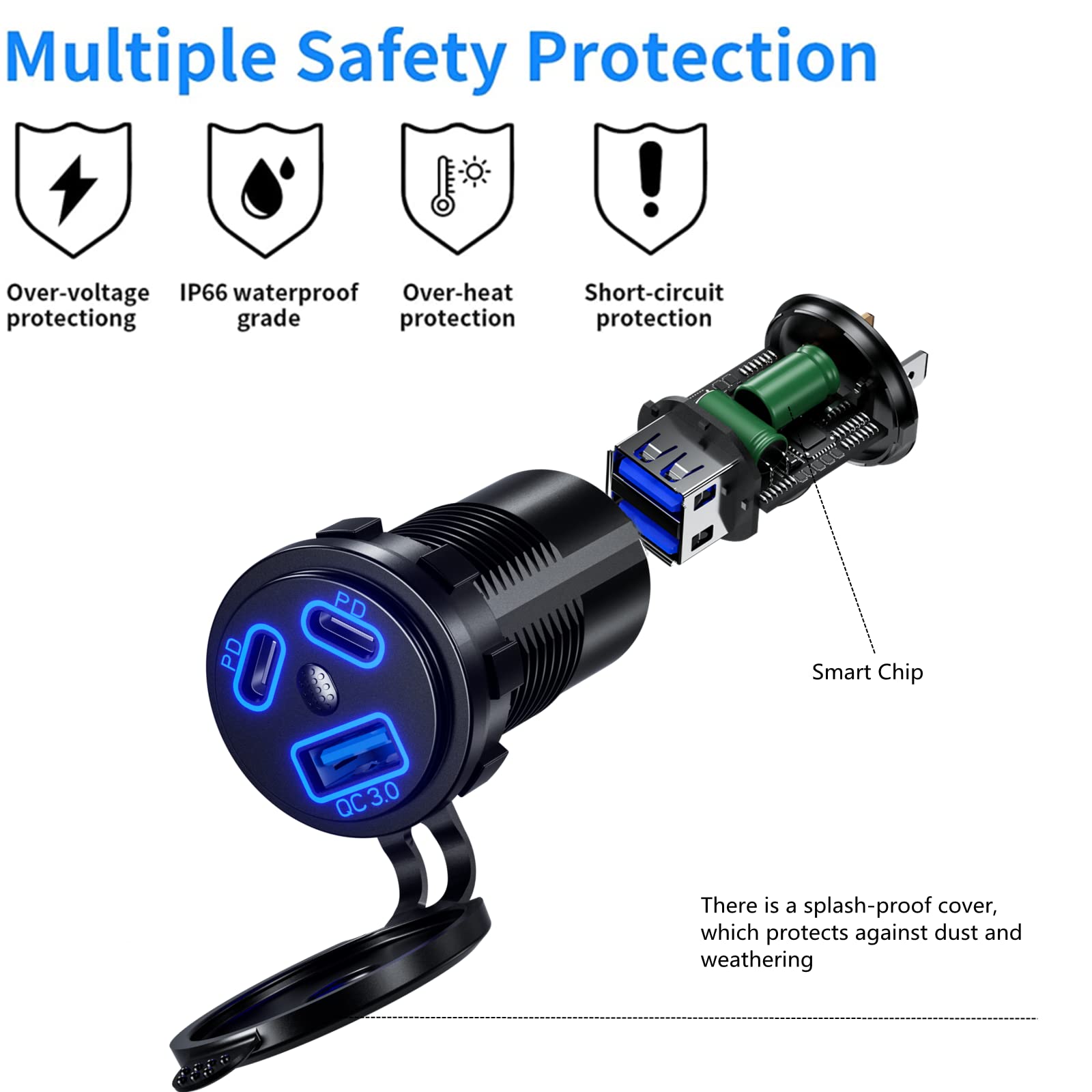 Kewig IP66 waterproof USB socket with splash cover for marine use.
