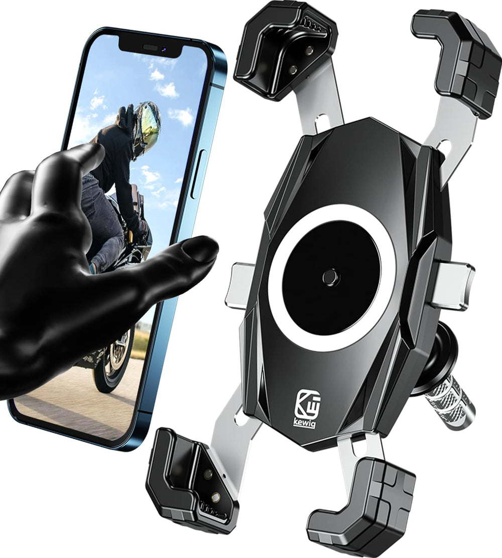 Kewig motorcycle fork stem phone mount assembly grips phones securely on uneven roads