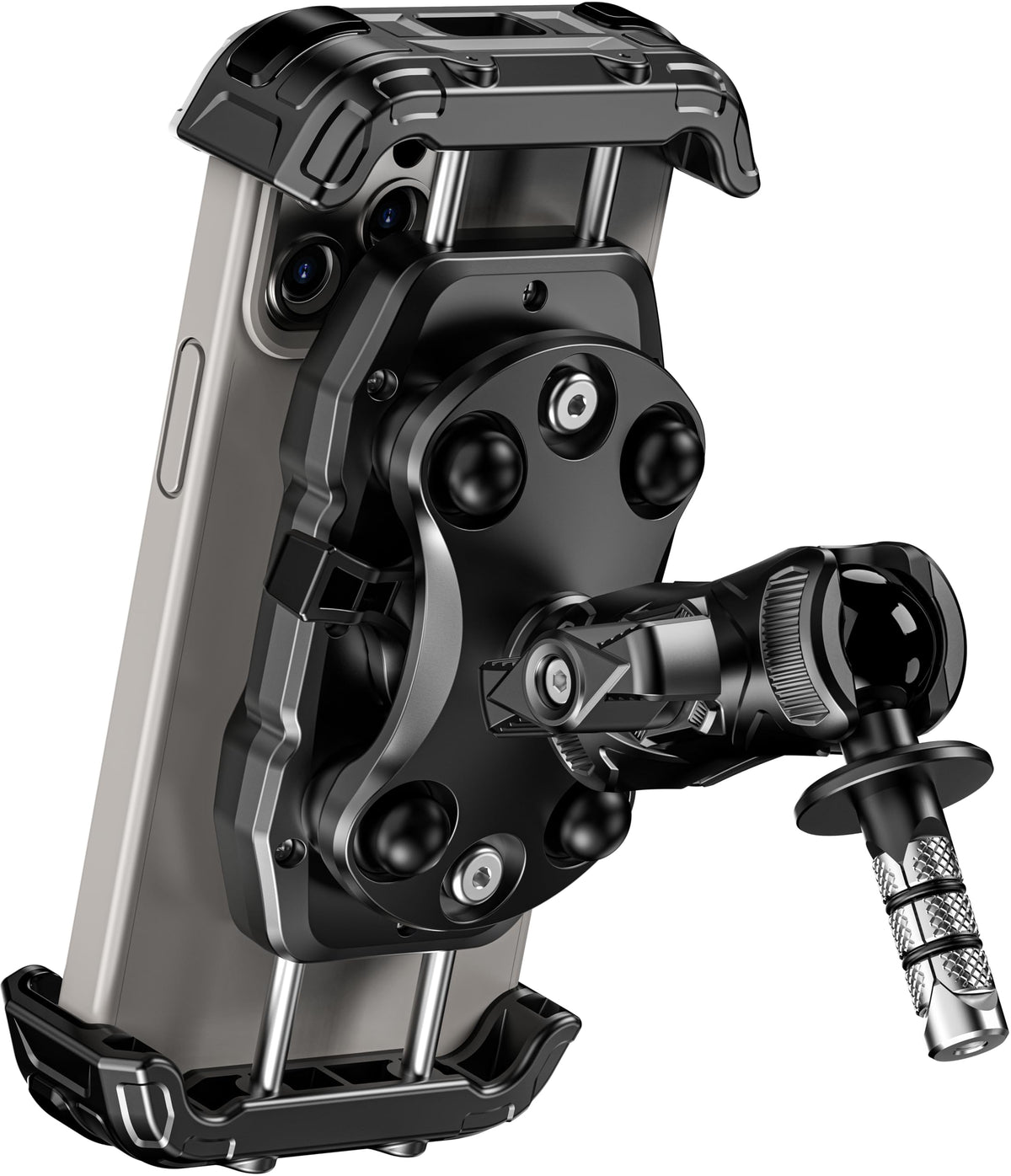 Kewig motorcycle fork stem mount close-up showing sturdy build and secure phone hold
